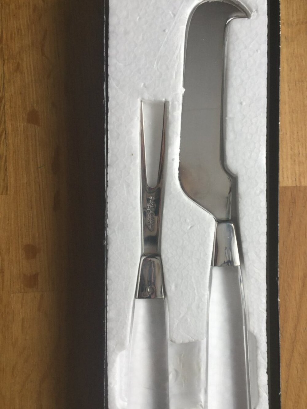 Vintage in box cheese knife and fork set made in Japan with clear handles
